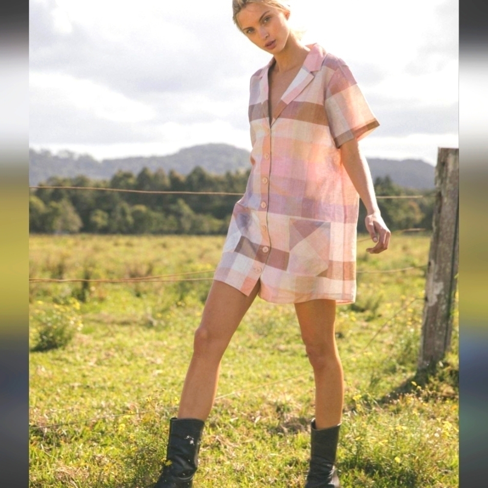 Steele Lucien Plaid Shirt Dress Oversized Loose Fit Collared Button Up XS